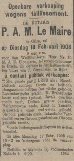 Aankondiging faillissementsverkoop Cornelissen